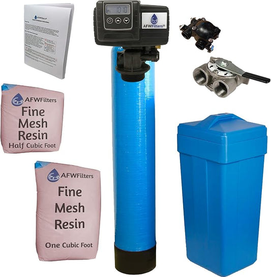 AFWFilters 1.5 Cubic Foot (48k) Whole Home Iron Pro Water Softener with Fine Mesh Resin,1" Stainless Steel FNPT Connection, and Blue Tanks