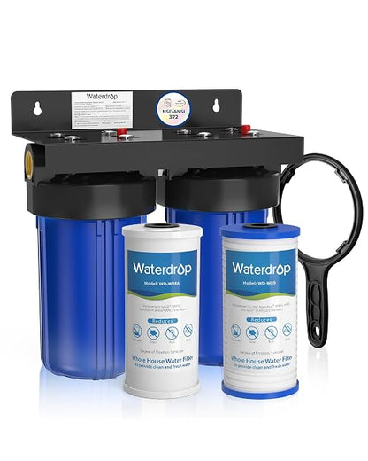 Waterdrop WHF21-PG 2-Stage Whole House Water Filter System, 5 Micron | Highly Reduces Lead, Chlorine, Odor and Taste, 5-Stage Filtration, with Carbon Filter and Sediment Filter, 1" Inlet/Outlet
