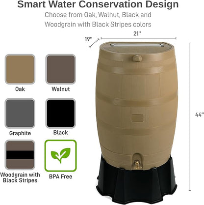 RTS Home Accents 50-Gallon Rain Barrel, Flat Back Rain Water Collection Barrel, Stand and Link Kit Included, Oak Color (2 Pack)