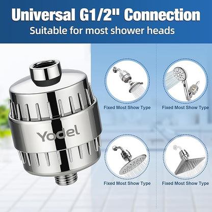 Yodel Shower Filter for Hard Water - 25 Stage Shower Head Filter Removes Chlorine for Hair and Skin, Reduces Dry Skin, Dandruff and Hair Damage, Universal High Output Water Filter,Chrome