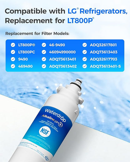 Waterdrop 𝐀𝐥𝐤𝐚𝐥𝐢𝐧𝐞 ADQ73613401 Water Filter, 𝐄𝐧𝐡𝐚𝐧𝐜𝐞𝐬 𝐩𝐇, Replacement for LG® LT800P®, ADQ73613402, ADQ75795104, LSXS26326S, LMXC23746S, LSXS26366S, LSXS26386D, 4 Filters