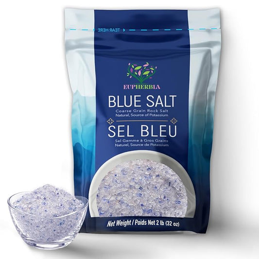 EUPHERBIA Blue Salt, Coarse, Rare Mineral Salt, High Potassium, Lower Sodium, Natural, Unprocessed, Hand Harvested, Kosher Certified (2lb Coarse Refill)