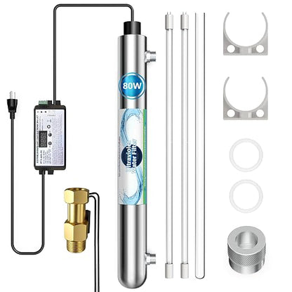 Whole House UV Water Filter System 80W 120V, 12GPM High Flow Whole Home Water Purifier with 3/4” MNPT Ports Equipped with Intelligent Water Flow Switch | UV water treatment system for city & well supply; Smart flow sensor enables fully auto-runs and ex...