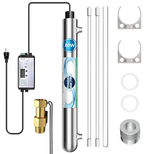 Whole House UV Water Filter System 80W 120V, 12GPM High Flow Whole Home Water Purifier with 3/4” MNPT Ports Equipped with Intelligent Water Flow Switch | UV water treatment system for city & well supply; Smart flow sensor enables fully auto-runs and ex...