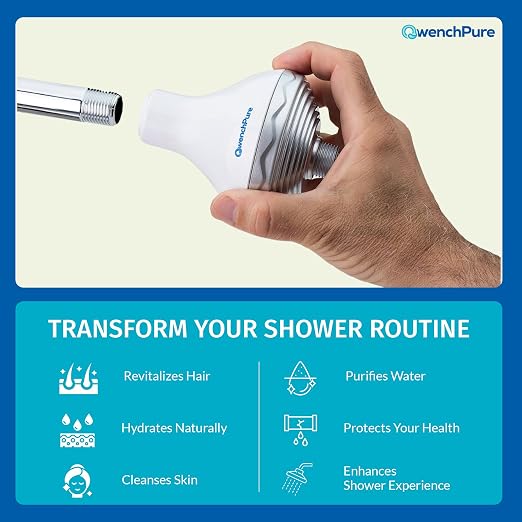 QwenchPure Shower Filter for Chlorine – High Output, 100% KDF-55, Removes Chlorine & Contaminants, Softens & Purifies Hard Water, Improves Skin & Hair, Easy Installation, Made for Hot Water