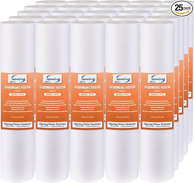 iSpring FP15X25 10" x 2.5" Universal Multi-layer Sediment Water Filter Replacement Cartridges 5 Micron, 25 Pack, White