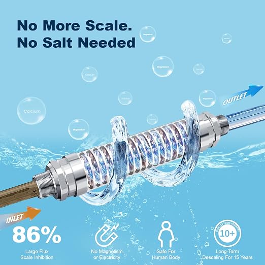 Salt-Free Water Softener, Water Descaler Whole House System, Physical Scale Inhibitor for Hard Water, Preserves Minerals, 3/4" NPT Inline Filter for Pipes, Heaters & Appliances