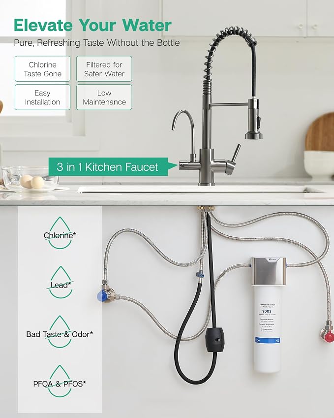 GIMILI 3 in 1 Kitchen Faucet with Pull Down Sprayer Black Stainless Two Handle Kitchen Sink Faucet with Under Sink Water Filter System Reduces PFAS, PFOA/PFOS, Lead, Chlorine, Bad Taste & Odor
