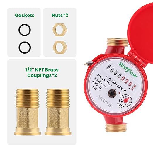 Watflow DN15 Water Meter 1/2" NPT, AWWA C712 Certification Gallon Water Flow Meter, Cold and Hot Water Meter for Garden/Home/Apartment, Horizontal Install.