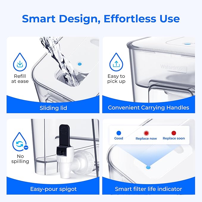 Waterdrop WFD-22W-DF-A Water Filter Dispenser, Alkaline 40-Cup Water Purifier, 2 Built-in Filters, 8X Faster Filtration, 200-Gallon Lifespan, Mineralized Alkaline Water, Reduces Chlorine, White