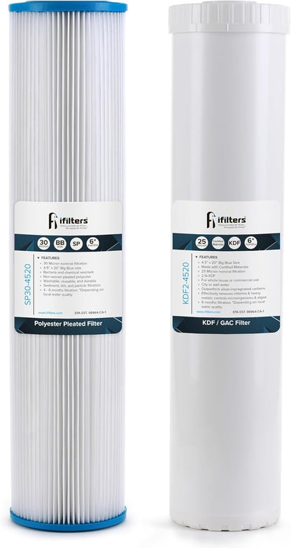 iFilters Whole House Sediment & GAC/KDF Replacement Water Filter Cartridge Set | 100% Compatible with 4.5”x20” Dual systems like MWH-D20-WELL & SP30-KDF2-4520