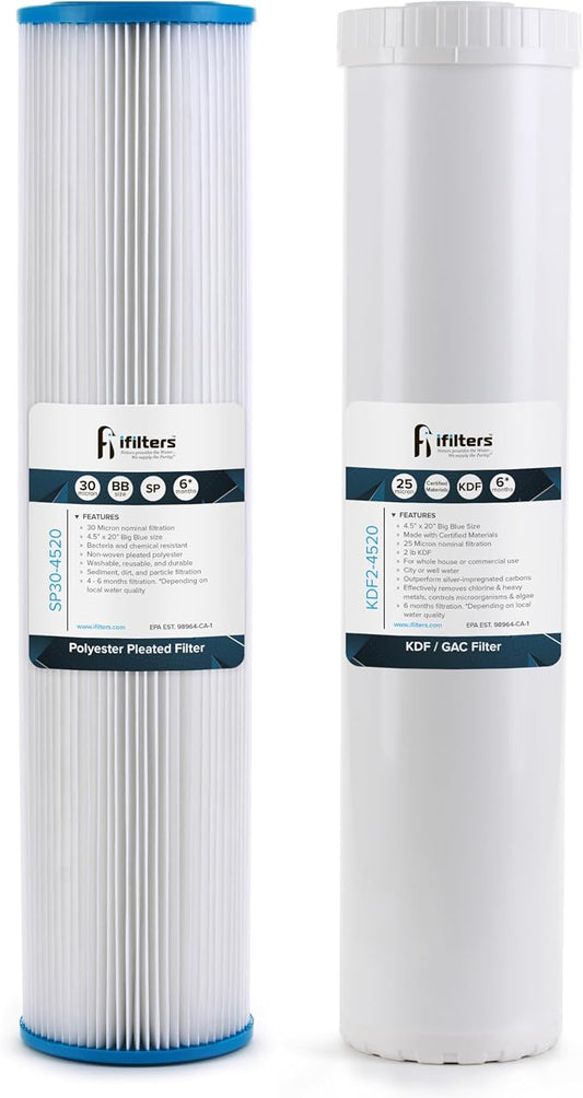 iFilters Whole House Sediment & GAC/KDF Replacement Water Filter Cartridge Set | 100% Compatible with 4.5”x20” Dual systems like MWH-D20-WELL & SP30-KDF2-4520