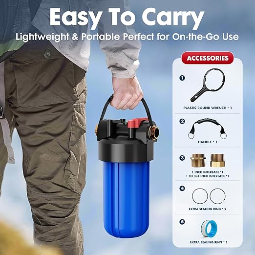 RV Water Filter System,Clog-Resistant Inline Water Filter with Brass Threads,0.2 Micron 6-Stage Filtration for RVs and Campers,4.5x10in.Cartridge,Filters VOCs,Chlorine, Sediments,Heavy Metals,Odors