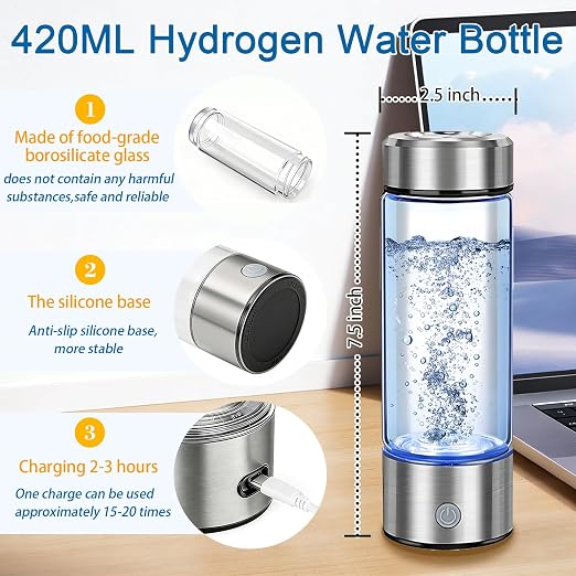 Hydrogen Water Bottle - 14oz Portable Hydrogen Water Generator with SPE/PEM Technology Rechargeable Hydrogen Rich Water Ionizer Machine for Home Gym Travel