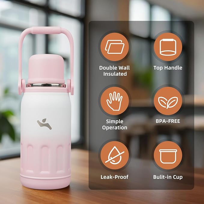 Konokyo Insulated Water Bottle with Handle and Strap,Vacuum Travel Tumbler with Cup Lid,Thermo Coffee Cup for Hot Cold Drinks 27 OZ,Pink Pearl