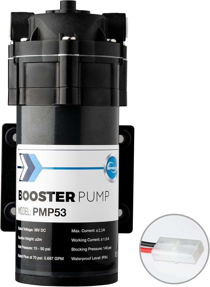 iSpring PMP53 Booster Pump for RCS5T Reverse Osmosis System, Replacement Pump for iSpring RCS5T, Upgraded Version of PMP500 with the Pre-wired Quick-Connection Black