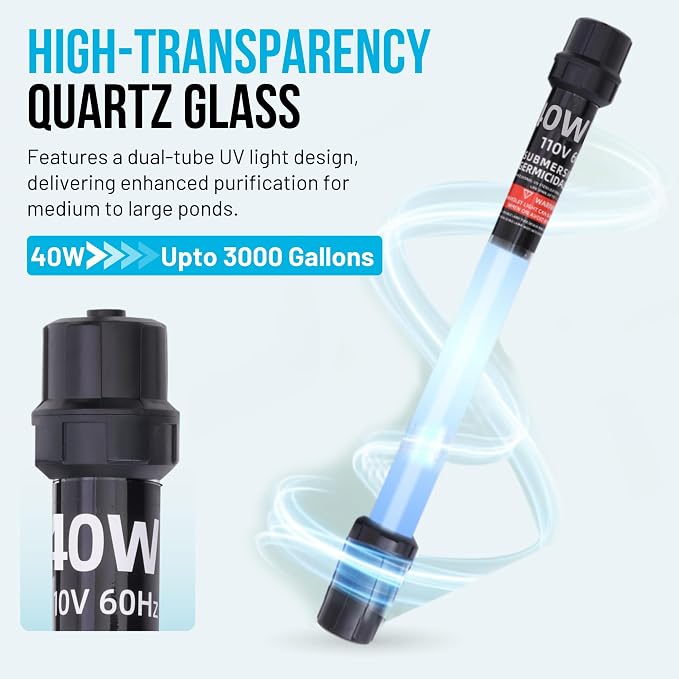 40W UV Water Clarifier with 17ft Cable for 300-3000 Gallon Aquariums, Ponds & Pools - Professional UV Clarifier for Green Water Control in Koi Ponds, Fish Tanks, Spas & Cold Plunge
