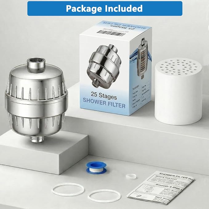Shower Filter for Hard Water with 1pcs 25-Stage Filter Cartridge | Help Reduce Chlorine, Odors & Other Impurities for Softer-Feeling Skin & Hair, High Output Shower Water Filter, Universal Fit
