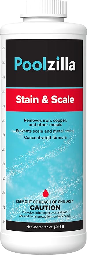 Poolzilla 1 Quart Bottle of Stain & Scale, Removes Iron, Copper & Other Metals, Prevents Staining