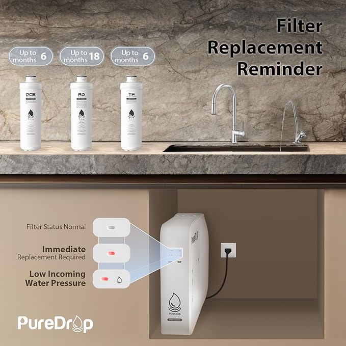 PureDrop PDR-100RO 3-Stage Under Sink Reverse Osmosis Drinking Water Filtration System, 100 GPD Fast Flow Built-in Tank RO Water Filter System, Reduce PFAS