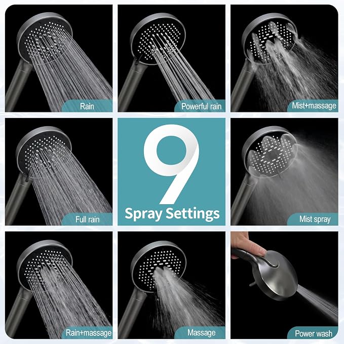 SR SUN RISE NSF Certified Filtered Shower Head with Handheld for Hard Water to Remove Chlorine High Pressure 9-Spray Setting (with Power Wash) Anti-Clog Nozzles(1Filter, Grey)