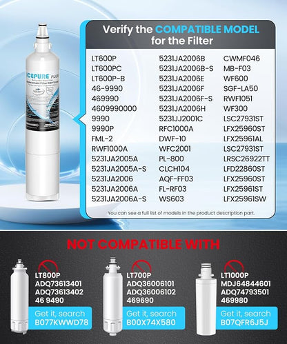 ICEPURE PLUS 5231JA2006A NSF/ANSI 53 & 42 Certified Refrigerator Water Filter, Remove Lead, Replacement for LG LT600P, kenmore 9990, KENMORECLEAR 46-9990, R-9990, 5231JA2006B, FML-2, WFC2001, 3PACK