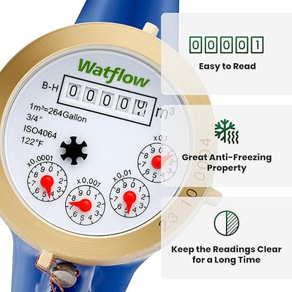 Watflow DN20 Water Meter 3/4" NPT, ISO4064 Certification Cubic Water Flow Meter, Cold Water Meter, for Garden or Home, Horizontal Install.