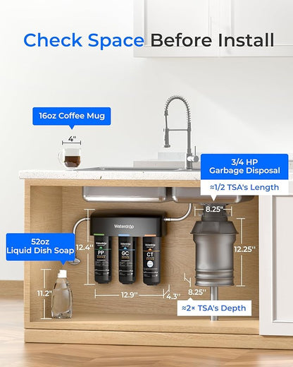 Waterdrop TSA 8 Layer Under Sink Water Filter System, Under Sink Water Filtration System, Reduces PFAS, PFOA/PFOS, Fluoride, Chlorine, Bad Taste & Odor, NSF/ANSI 42 Certified Element, USA Tech