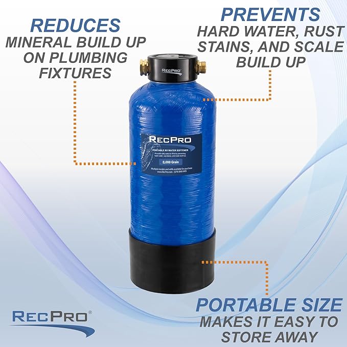 RecPro RV Water Softener Portable | Prevents Hard Water Buildup | Hose and TDS Water Test Strips Included | Cation Exchange Resin (8,000 Grain)