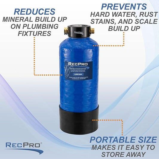 RecPro RV Water Softener Portable | Prevents Hard Water Buildup | Hose and TDS Water Test Strips Included | Cation Exchange Resin (8,000 Grain)