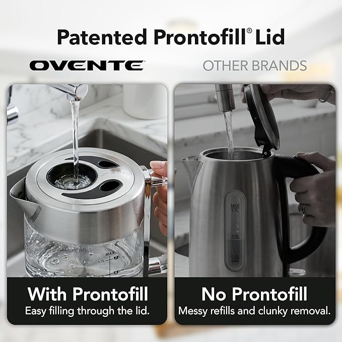 OVENTE Electric Kettle, 1.7L Double Wall Glass Tea Kettle with Stainless Steel Base, Acrylic Handle, 1500W Cordless Fast Boil Borosilicate Water Boiler, Easy Fill Lid & Auto Shut-Off, Silver KG912S