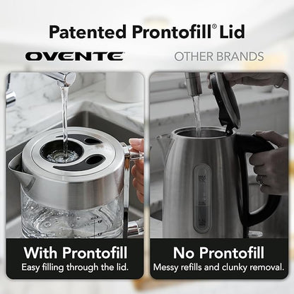 OVENTE Electric Kettle, 1.7L Double Wall Glass Tea Kettle with Stainless Steel Base, Acrylic Handle, 1500W Cordless Fast Boil Borosilicate Water Boiler, Easy Fill Lid & Auto Shut-Off, Silver KG912S