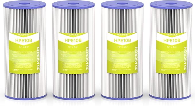 20 Micron Whole House Water Filter Cartridge, 10" x 4.5", 4-Pack | Pleated Sediment Filters for Well Water, Replacement for FXHSC, GXWH40L, GXWH35F, W50PEHD, W10-PR, R50-BBSA