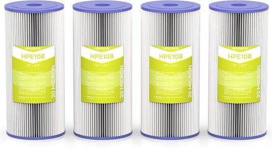 20 Micron Whole House Water Filter Cartridge, 10" x 4.5", 4-Pack | Pleated Sediment Filters for Well Water, Replacement for FXHSC, GXWH40L, GXWH35F, W50PEHD, W10-PR, R50-BBSA