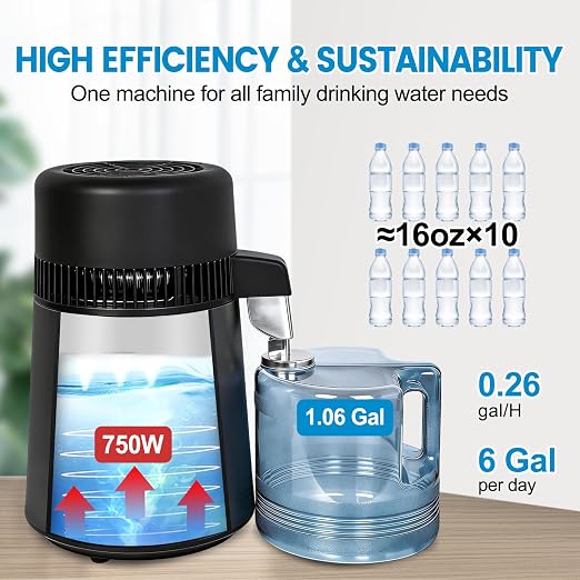 DC HOUSE 1 Gallon Water Distiller Machine, 750W 4L Pure Distilled Water Maker Machine with Container for Home Countertop Table Desktop, Drinking Purifier for Home Kitchen CPAP Hmidifiers (Black)