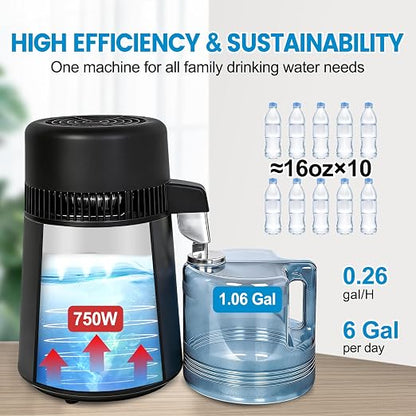 DC HOUSE 1 Gallon Water Distiller Machine, 750W 4L Pure Distilled Water Maker Machine with Container for Home Countertop Table Desktop, Drinking Purifier for Home Kitchen CPAP Hmidifiers (Black)