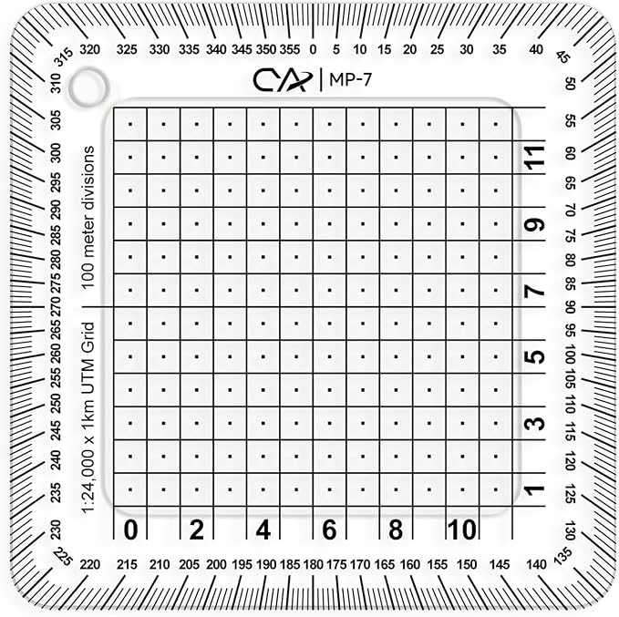 CYA MP-7 Square Military Map Coordinate Scale Protractor - 8x8cm UTM Tool | Square 8x8cm UTM map grid tool dividing 1km grids into 100m squares with 50m center dots. Includes degree compass rose.