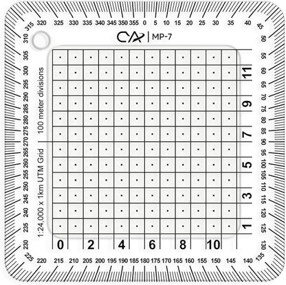 CYA MP-7 Square Military Map Coordinate Scale Protractor - 8x8cm UTM Tool | Square 8x8cm UTM map grid tool dividing 1km grids into 100m squares with 50m center dots. Includes degree compass rose.