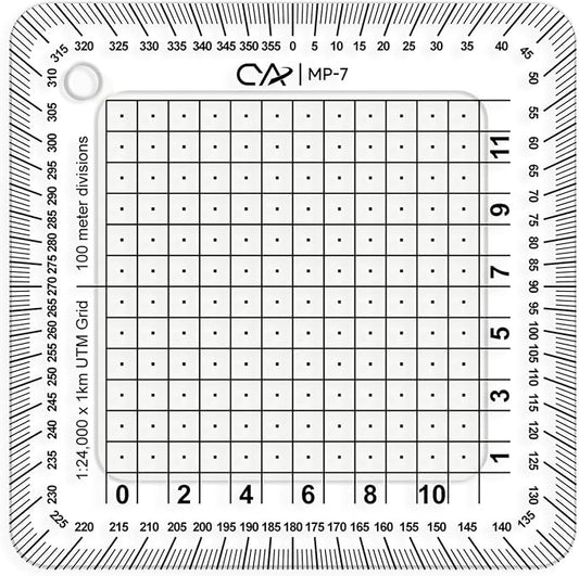 CYA MP-7 Square Military Map Coordinate Scale Protractor - 8x8cm UTM Tool | Square 8x8cm UTM map grid tool dividing 1km grids into 100m squares with 50m center dots. Includes degree compass rose.