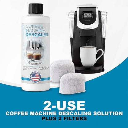 FreshFlow Keurig Compatible Descaling Solution (1 Bottle, 2 Uses Plus 2 Filters) - Universal Descaler Cleaner Concentrate Kit For All 1.0 & 2.0 K-Cup Pod Machines and Espresso Machines