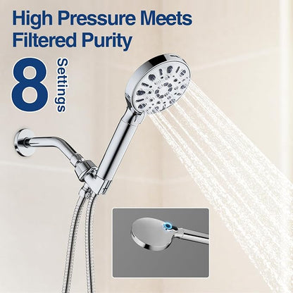 Filtered Shower Head with 8 Spray Modes, High Pressure Handheld Showerhead Filter for Hard Water Filtering Showerhead with Hose(N8HS702CP-NA)