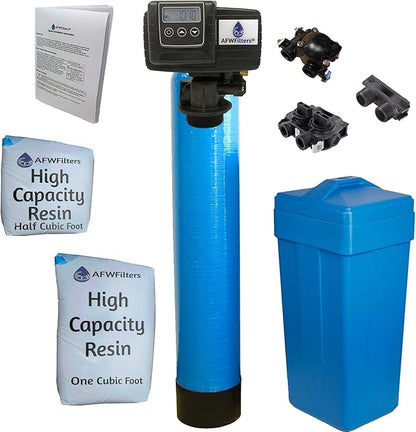 AFWFilters 1.5 Cubic Foot (48k) Whole Home Water Softener with High Capacity Resin, 1" Plastic MNPT Connection, and Blue Tanks