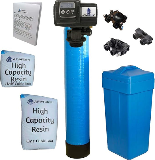 AFWFilters 1.5 Cubic Foot (48k) Whole Home Water Softener with High Capacity Resin, 1" Plastic MNPT Connection, and Blue Tanks