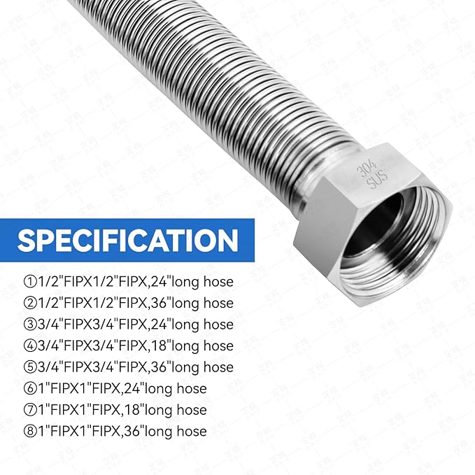 12 Inch Flexible Stainless Steel Corrugated Water Heater Connector Hose,1" FIP x 1" FIP,304 Stainless Steel Leak-Proof Flexible Line for Tankless Water Heater,Water Softener,RV,Boiler(2PCS)