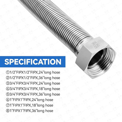 15 Inch Flexible Stainless Steel Corrugated Water Heater Connector Hose 1" FIP x 1" FIP,304 Stainless Steel Leak-Proof Flexible Line for Tankless Water Heater,Water Softener,RV,Boiler(2PCS)