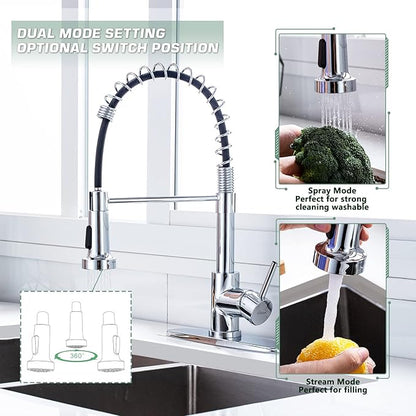 WEWE Chrome Kitchen Faucet, Faucet for Kitchen Sink with Pull Down Sprayer Kitchen Faucet with Deck Plate Stainless Steel Single Handle Spring for Farmhouse Utility Bar Laundry Sinks