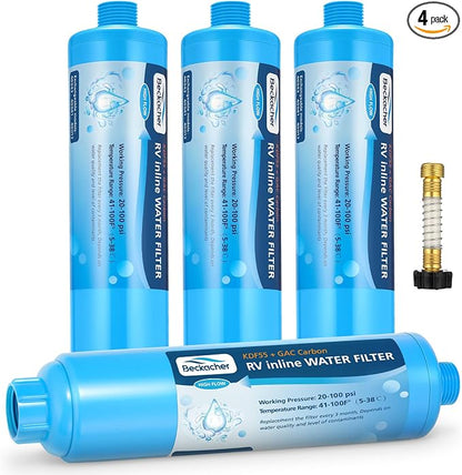 4-pack RV Inline Water Filter with KDF&GAC for Fresh Drinking Water | Ideal for camping, road trips, boating and outdoor use with fresh, better-tasting water wherever you go