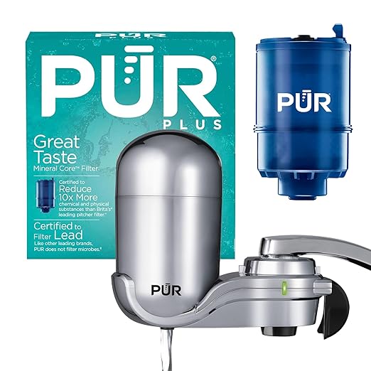 PUR Plus Vertical Faucet Mount Water Filtration System, Lead-Reducing Filter, Great-Tasting, Easy Install, Lasts 100 Gallons, Faucet Water Filter, Compatible with Sinks with External Aerators, Chrome