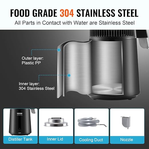 VEVOR Water Distiller, 4L/ 1.05 Gallon Pure Water Distilling for Home Countertop, 750W Distilled Water Maker, 304 Stainless Steel Interior Stiller Water Making Machine to Make Clean Water, Black