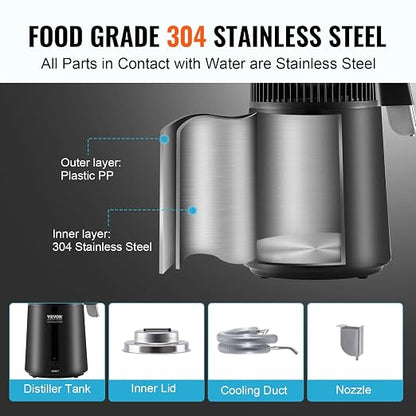 VEVOR Water Distiller, 4L/ 1.05 Gallon Pure Water Distilling for Home Countertop, 750W Distilled Water Maker, 304 Stainless Steel Interior Stiller Water Making Machine to Make Clean Water, Black